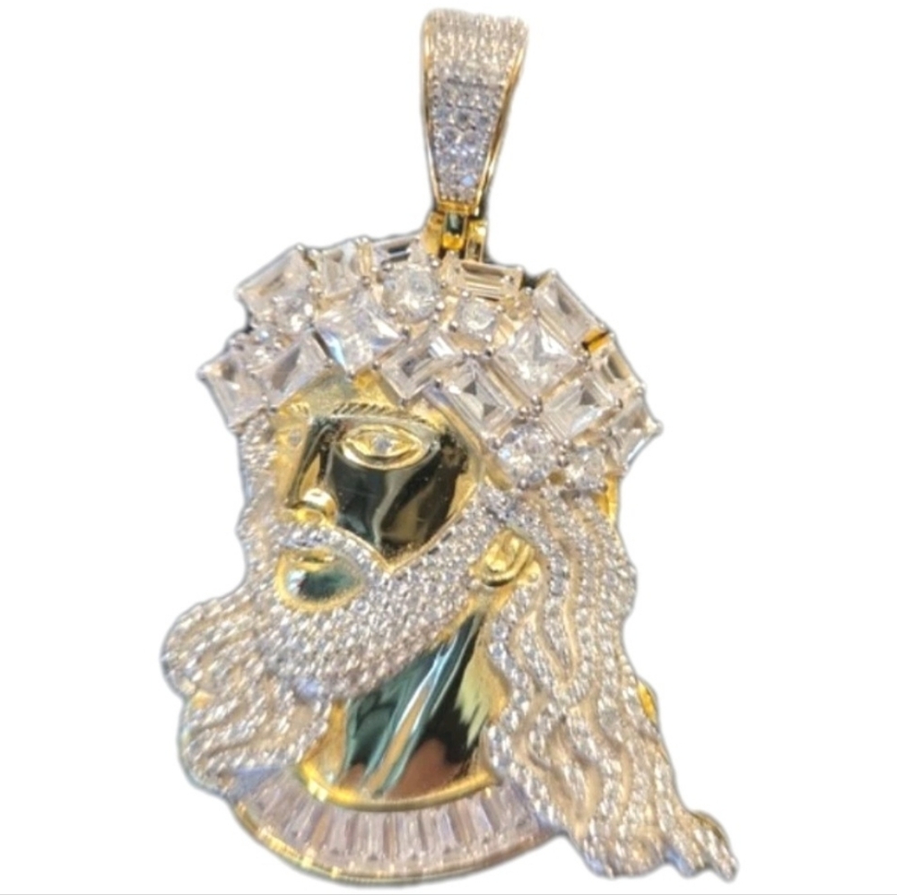 Iced Out 10 carat Moissanite Jesus Peice Baguette Pendant - 14k Yellow ovr 925 S